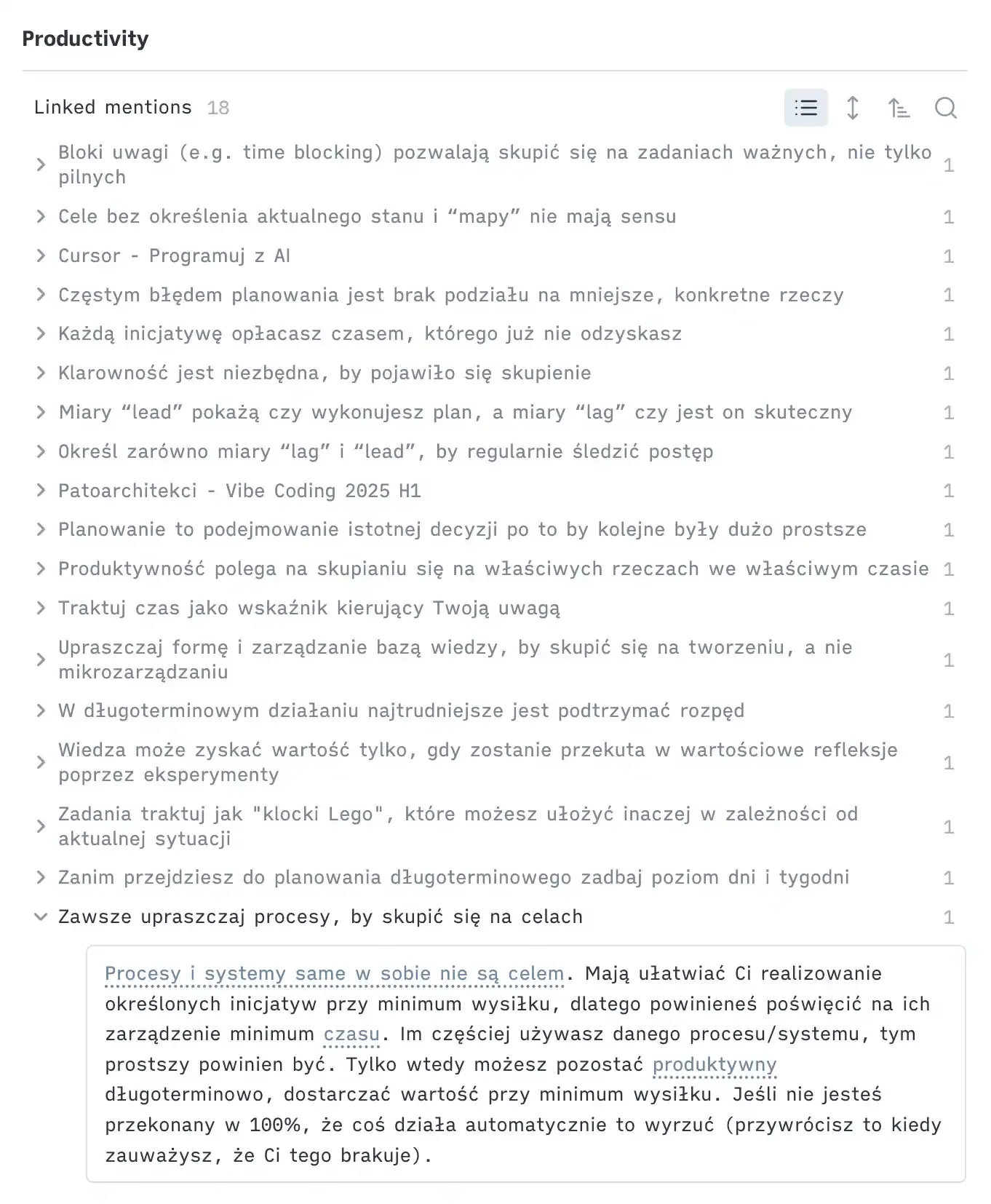 Here is an example of using backlinks for all references to "Productivity"